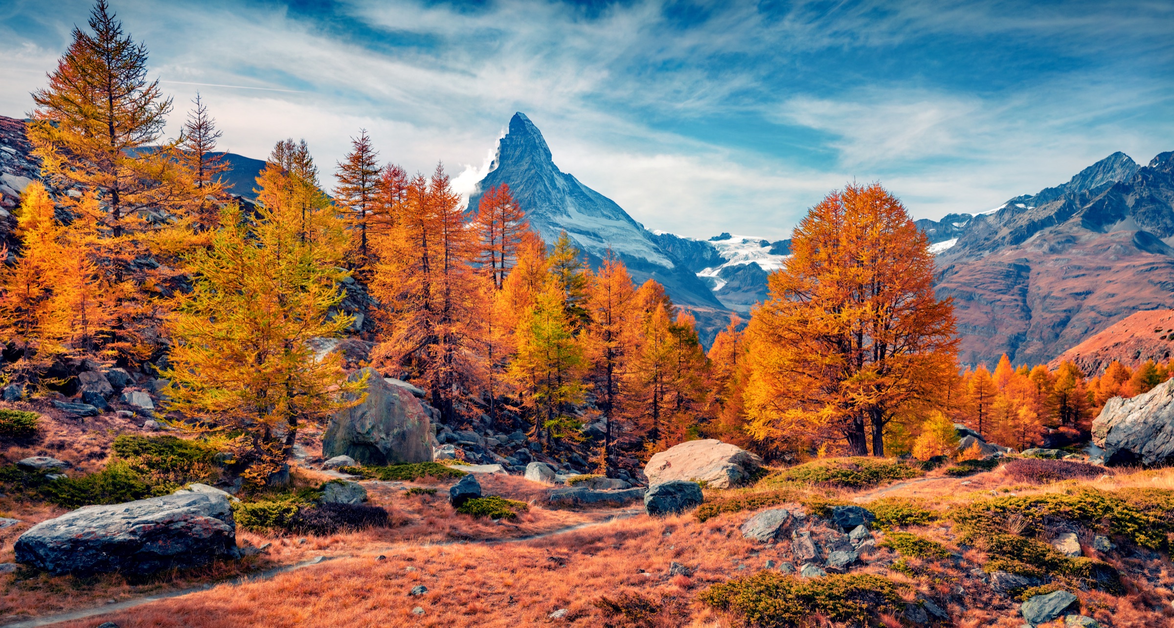 The Matterhorn rising above golden autumn larch trees